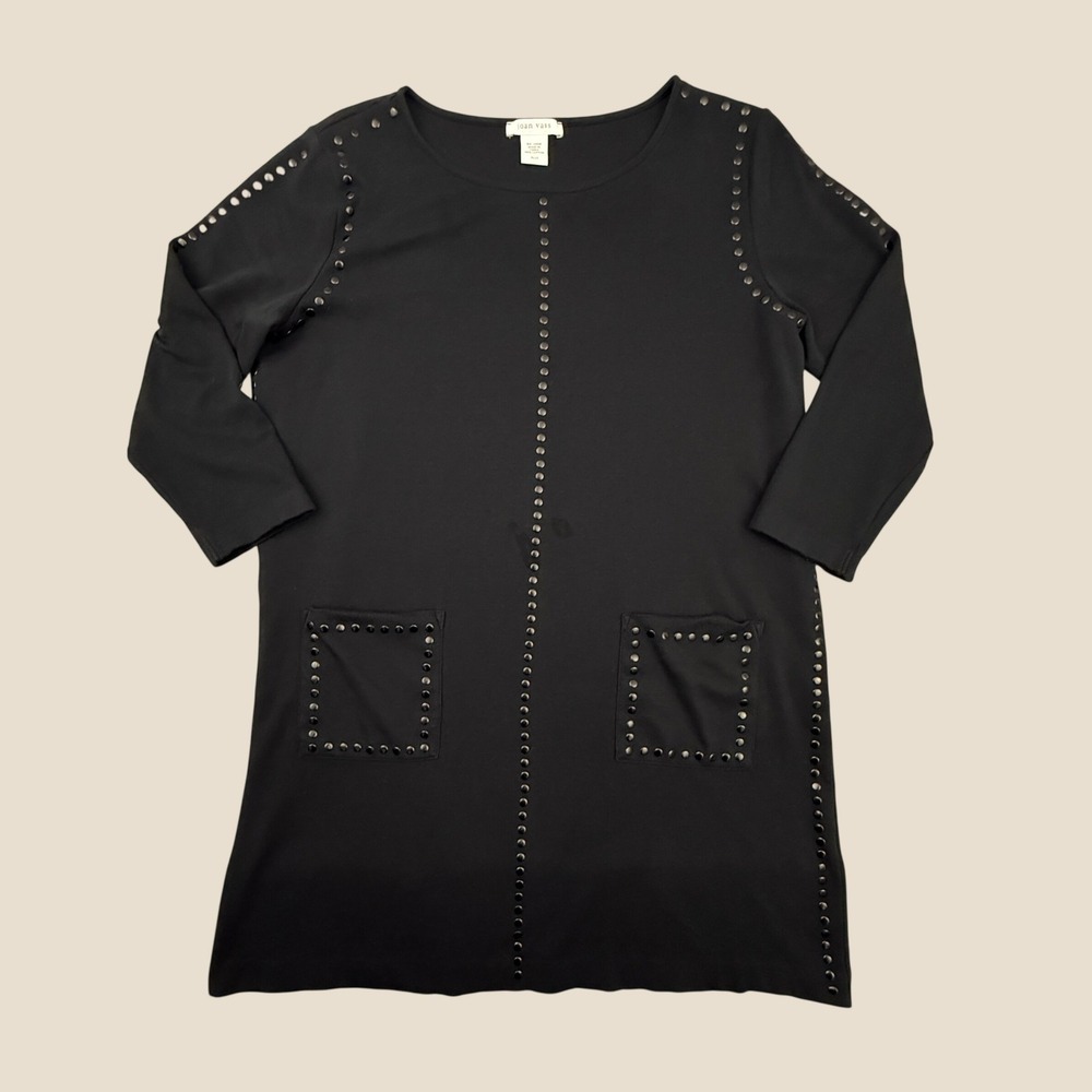 Joan Vass Tunic Dress Women Extra Large Black Studded Pocket Cotton Knit Stretch